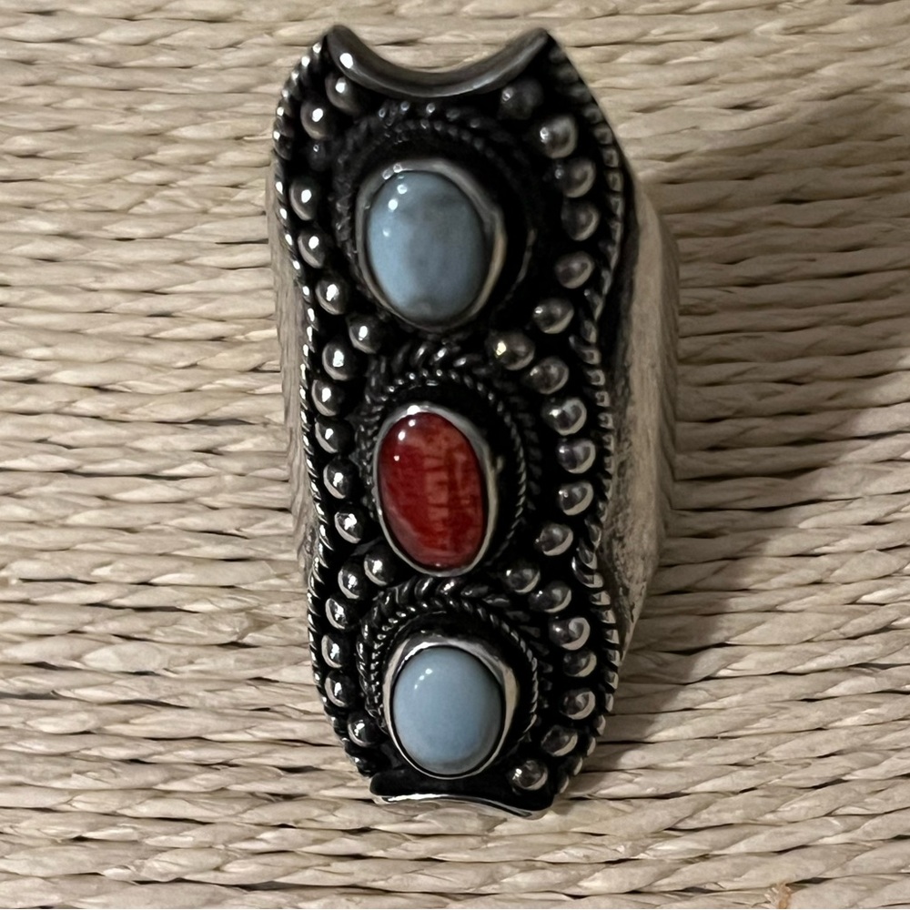 SOUTHWEST LOVED VINTAGE AUTHENTIC SPINY OYSTER LARIMAR STERLING SILVER RING